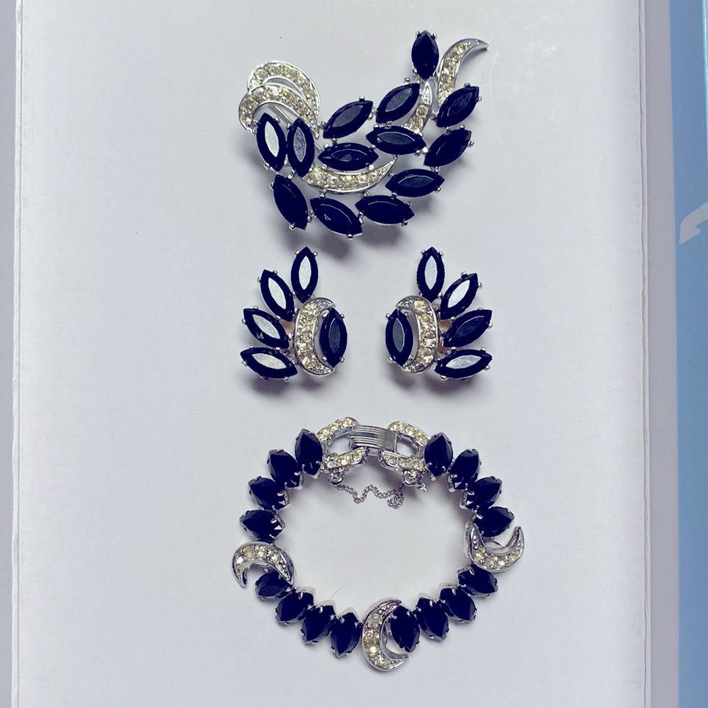 Vintage Sarah Coventry Jet Black Marquise & Crystal Crescent Moon Set